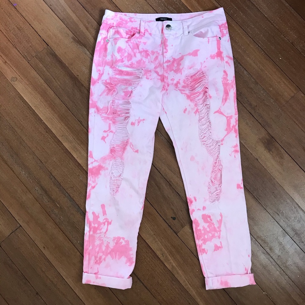 High Waisted Pink on Pink Tie Dye Distressed Jeans